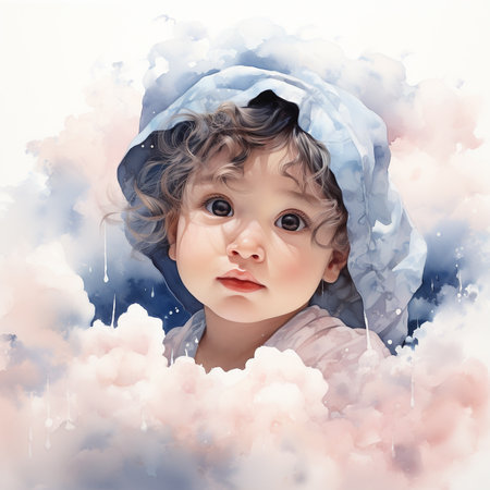 Portrait of a baby boy in a blue raincoat. Watercolor painting.の素材