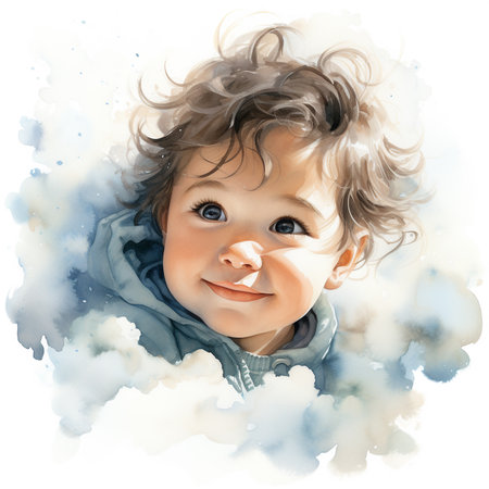 Portrait of a cute little boy in the clouds. Digital painting.の素材