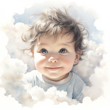 Cute little boy with curly hair in the clouds. Digital paintingの素材