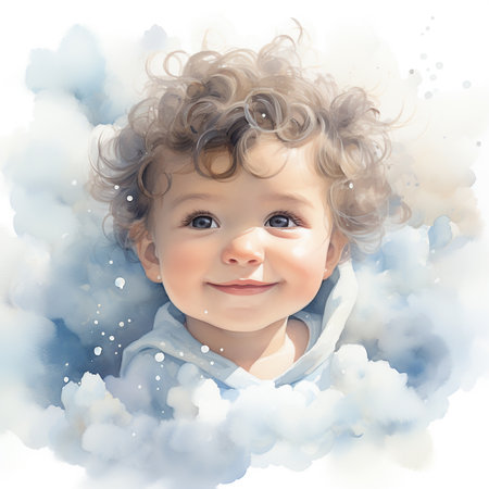 Portrait of a cute little boy in the clouds. Digital painting.の素材