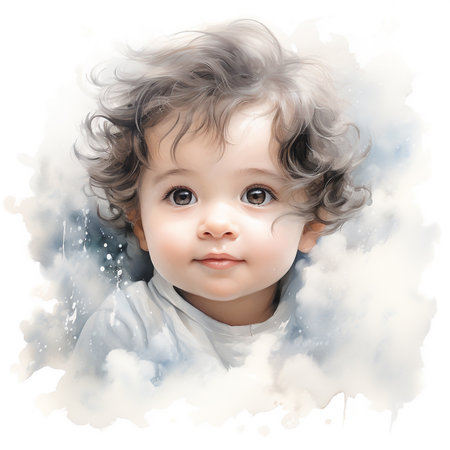 Portrait of a cute little boy in the clouds. Digital painting.の素材