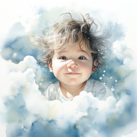 Portrait of a cute smiling baby boy in the clouds. Digital painting.の素材