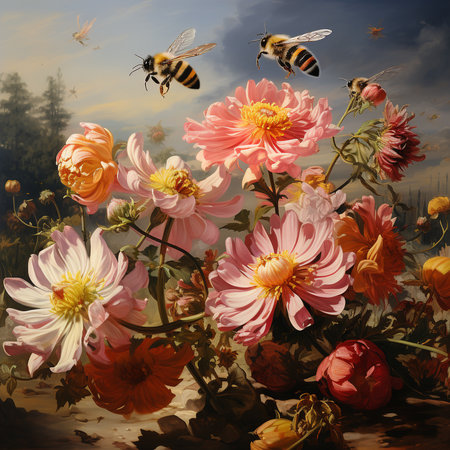 Bees and dahlias on the background of the summer landscapeの素材