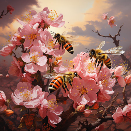 Bees and cherry blossoms on sunset background. Digital painting.の素材
