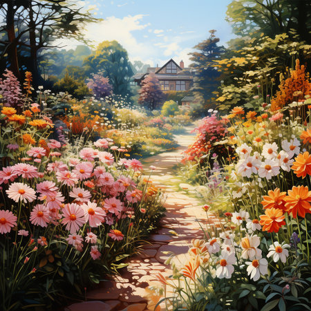 Beautiful garden with blooming flowers in the summer. Digital paintingの素材