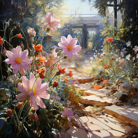 Beautiful flowers in the garden. Digital painting on canvas. Spring landscape.の素材