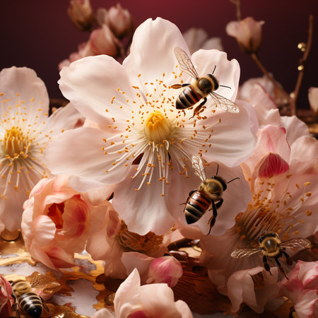 Honey bee collecting pollen from flower of japanese cherry blossomの素材