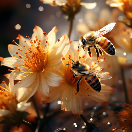 Honey bees collect nectar and pollen from the flowers. Macroの素材