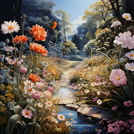 Beautiful rural landscape with a river and flowers. Digital painting.の素材