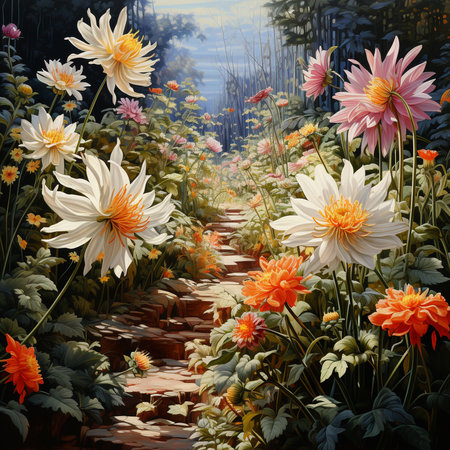 Flower garden with dahlias and path. Digital painting.の素材