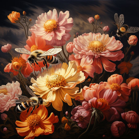 Beautiful floral background with chrysanthemum flowers and beesの素材