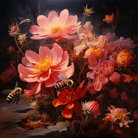 Bees and flowers on a black background. Digital painting. 3d renderingの素材