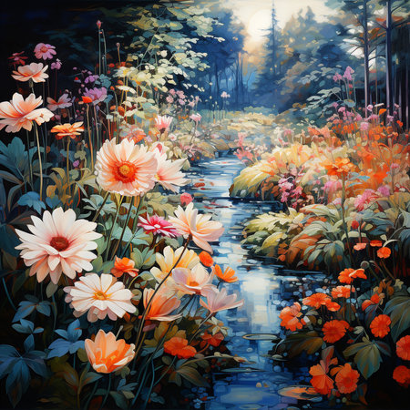 Beautiful summer landscape with a river and flowers. Digital painting.の素材