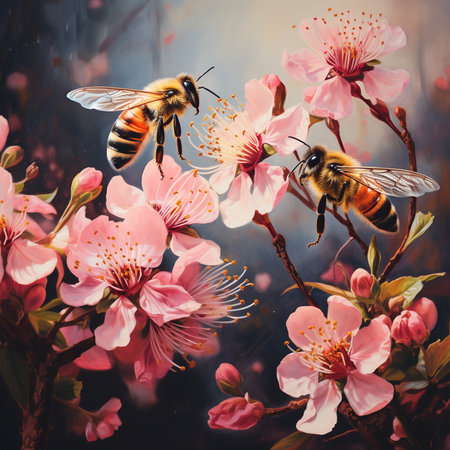 Honeybee pollinates pink sakura flowers. Spring background.の素材