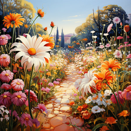 Beautiful summer landscape with flowers. Digital painting. Vector illustration.の素材