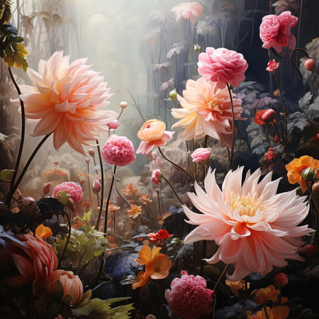Beautiful dahlia flowers in the garden. Digital painting.の素材