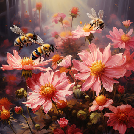 Bees flying over beautiful flowers. Floral background. Digital painting.の素材
