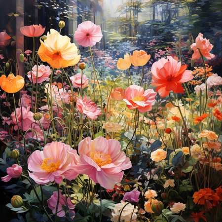 Flower garden with poppies and daisies. Digital painting.の素材