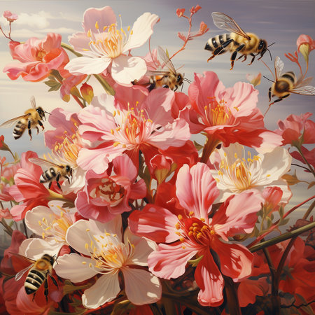 Bees flying to the flowers in the sky, vintage style.の素材