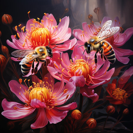 Honey bee and flowers on black background. Digital painting style.の素材