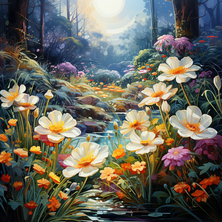 Digital painting of flowers in the forest. Digital painting of flowers.の素材