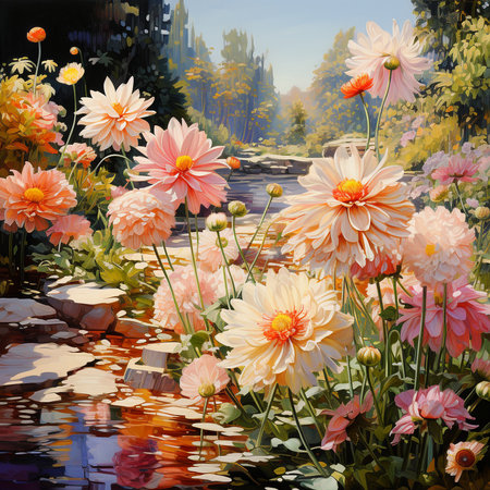 Colorful daisies in the pond. Digital painting effect.の素材