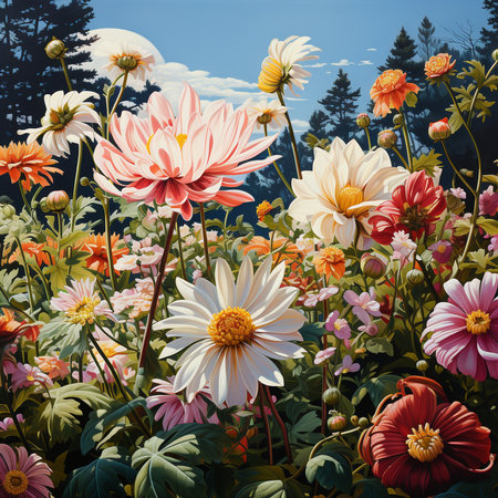 summer landscape with dahlias and chrysanthemumsの素材