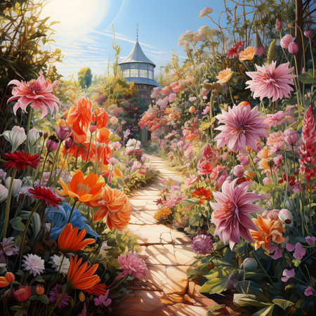 Landscape with a path leading to a lighthouse in the middle of flowersの素材