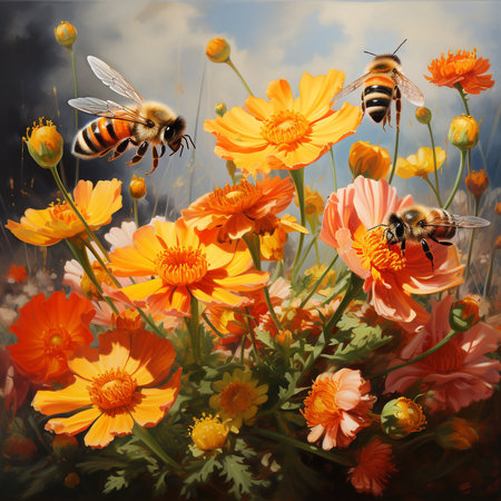 Flowers and bees on the background of a summer landscape. Digital painting.の素材