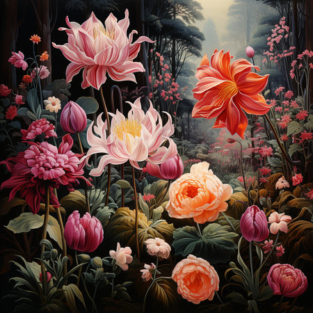 Beautiful floral background with dahlia flowers in the forest.の素材