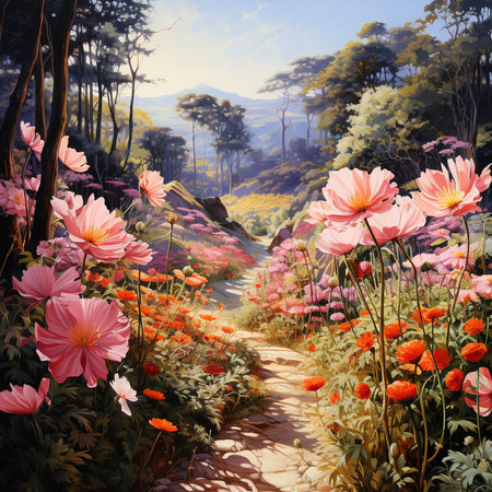 Landscape with flowers and path in the park. Digital painting.の素材