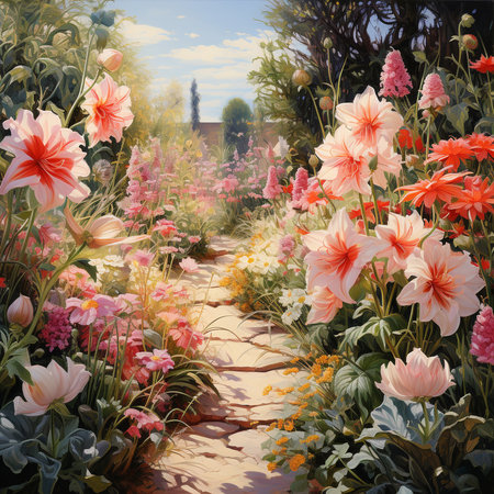 Flower garden with path. Digital painting on canvas. Landscape design.の素材