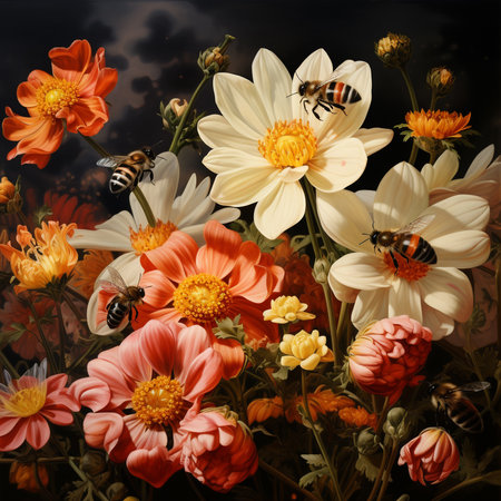 Bees collect nectar from flowers on a black background. Digital painting.の素材