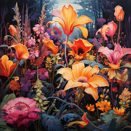 Beautiful floral background with colorful flowers. Digital painting. Vector illustration.の素材