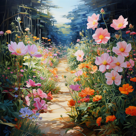 Colorful cosmos flowers blooming in the garden. Digital painting.の素材