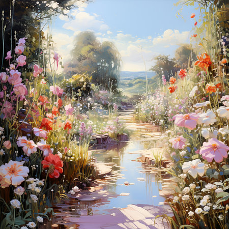Beautiful summer landscape with flowers. Digital painting in oil. Illustration.の素材
