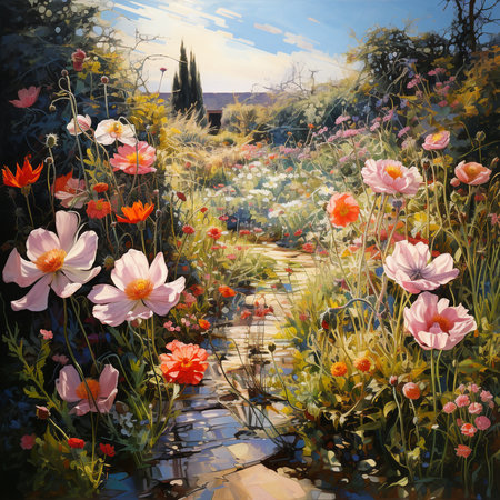 Digital painting of a garden with poppies and daisiesの素材