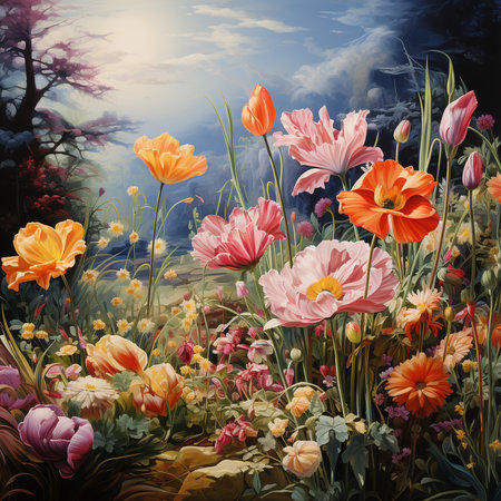 Beautiful summer landscape with flowers. Digital painting. Illustration.の素材
