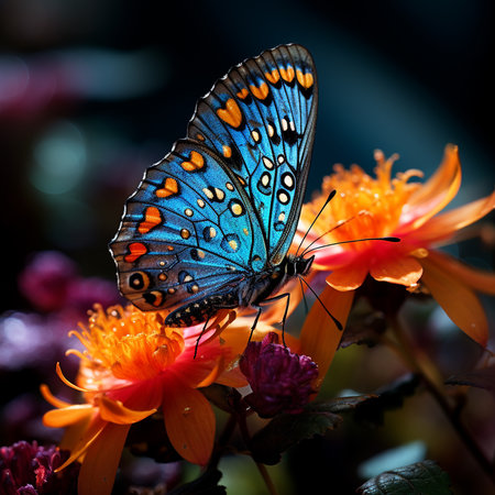 Butterfly on orange flower. Close up. Shallow depth of field.の素材
