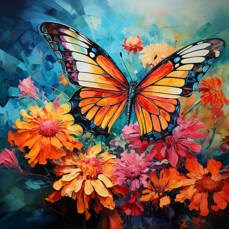 Butterfly and flowers on abstract watercolor background. Digital painting.の素材