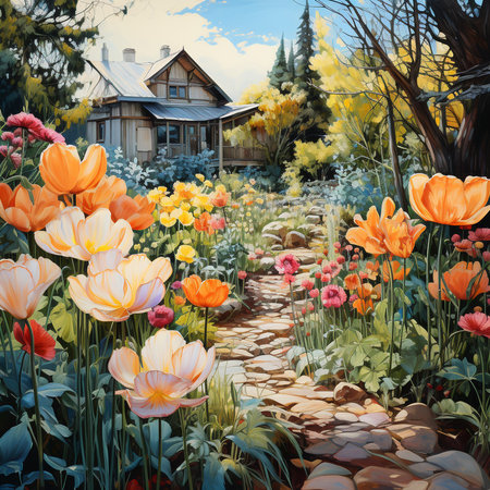 Spring garden with colorful tulips and wooden house. Digital painting.の素材