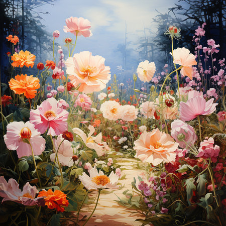 Flower garden with white and orange cosmos flowers. Digital painting.の素材