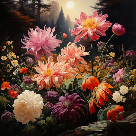 summer landscape with dahlias and wildflowers in the forestの素材
