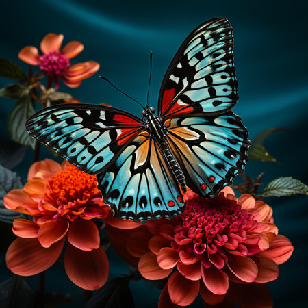 Butterfly on dahlia flowers. Floral background.の素材