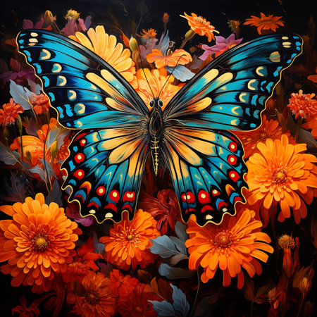 Butterfly and flowers on a black background. Digital painting.の素材