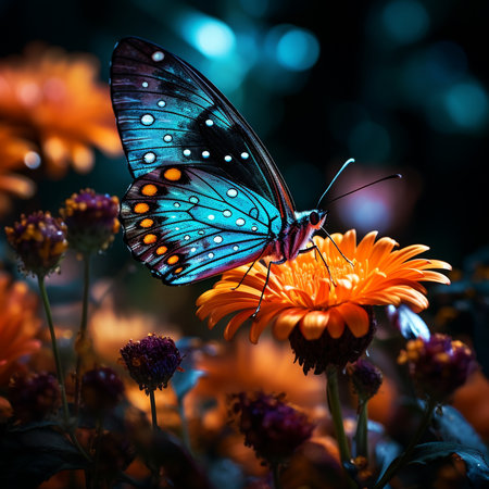 Butterfly with orange flowers in the garden. Nature background.の素材