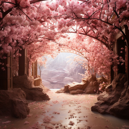 Cherry blossoms in a Japanese garden, 3D render.の素材