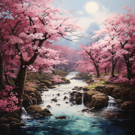 Cherry blossoms and mountain river in spring, digital painting styleの素材