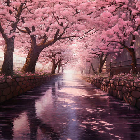 Cherry blossoms in full bloom along the road at night.の素材