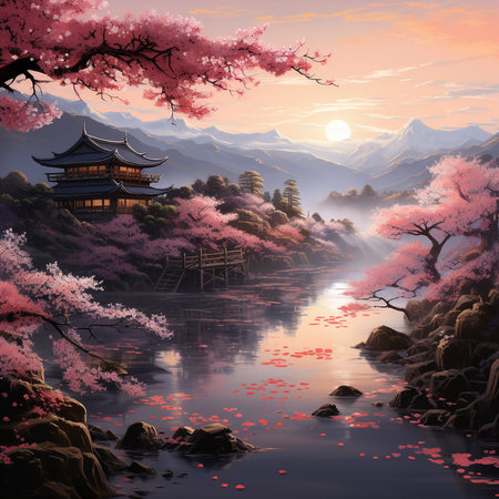Beautiful cherry blossom landscape with pagoda and lake in the morningの素材